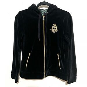 Lauren Ralph Lauren Embroidered Crest Black Velour Hoodie Track Jacket